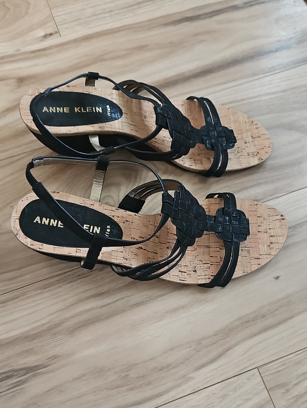 Anne Klein Black Woven Cork-Style Strap Sandals